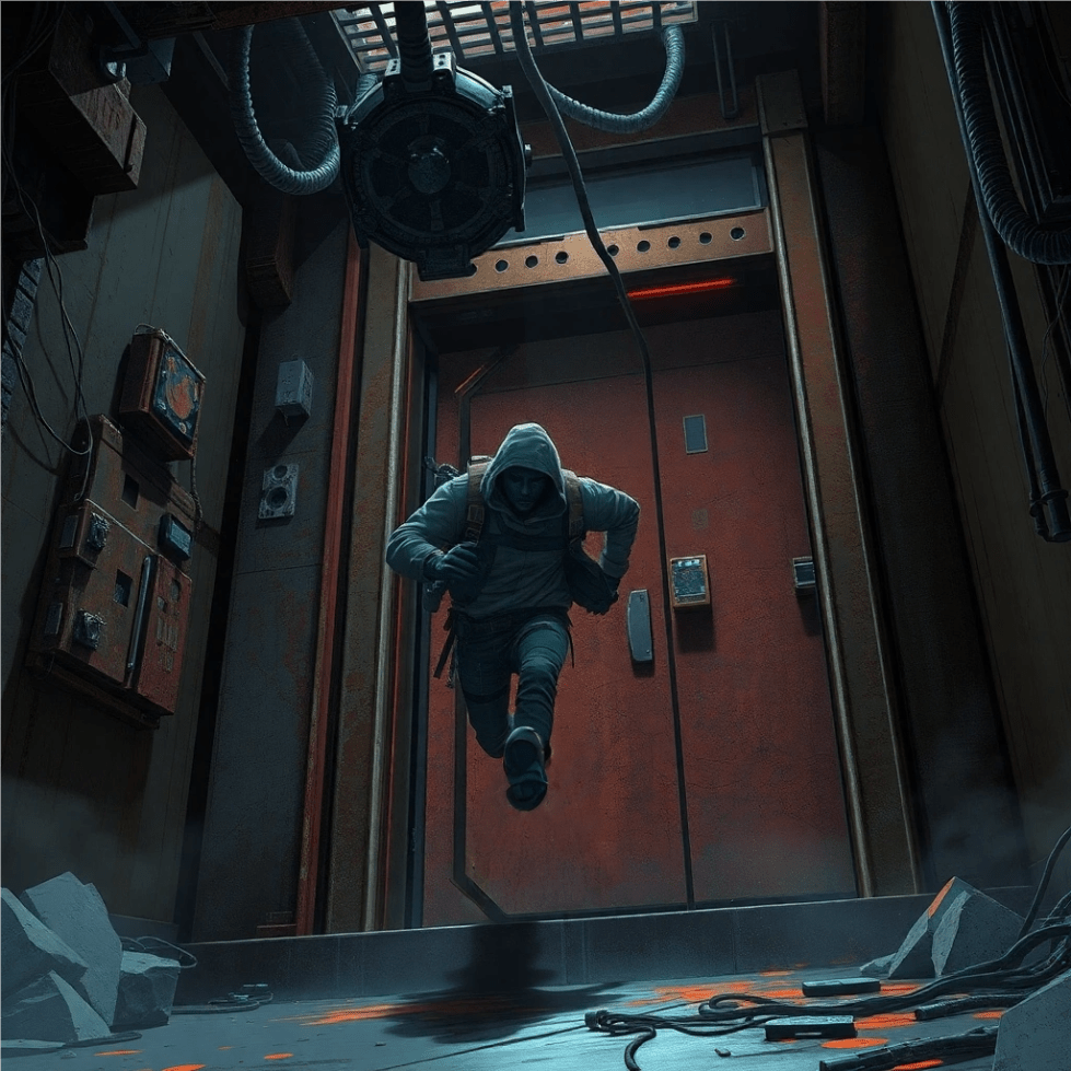 Dead Internet Files: Entry #8 - Kael fleeing when tendrils stop an elevator.